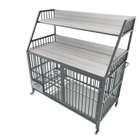Large pet cage with storage rack, drawers with stainless steel food and water basins, double-layer storage rack made of iron frame and MDF material